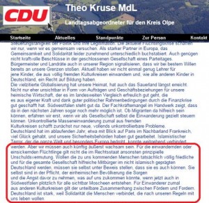 Screenshot eines Textes des innenpolitischen Sprechers des CDU-Landtagsfraktion vom 22.12.2015, der mittlerweile von dessen Website entfernt wurde.